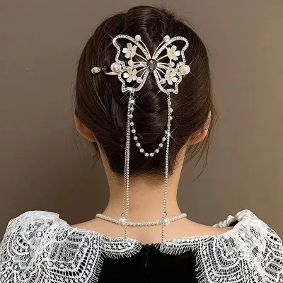 Rhinestone Butterfly Metal Pearl Tassel Hair Claw Clip